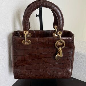 VINTAGE Russell & Bromley Brown Croc Leather Quilted Satchel with Gold Hardware.